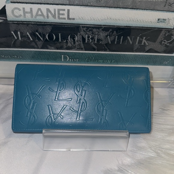 Yves Saint Laurent Long Wallet Vivid Color Turquoise Blue Leather EUC - Picture 2 of 14
